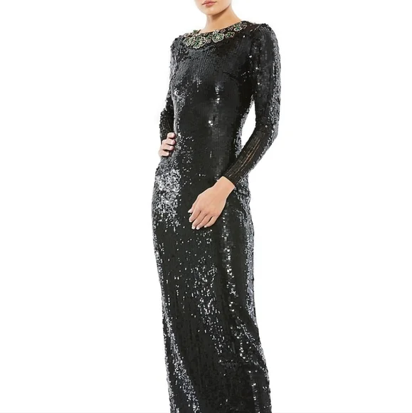 Mac Duggal Black Sequined Column Gown - Picture 2 of 16